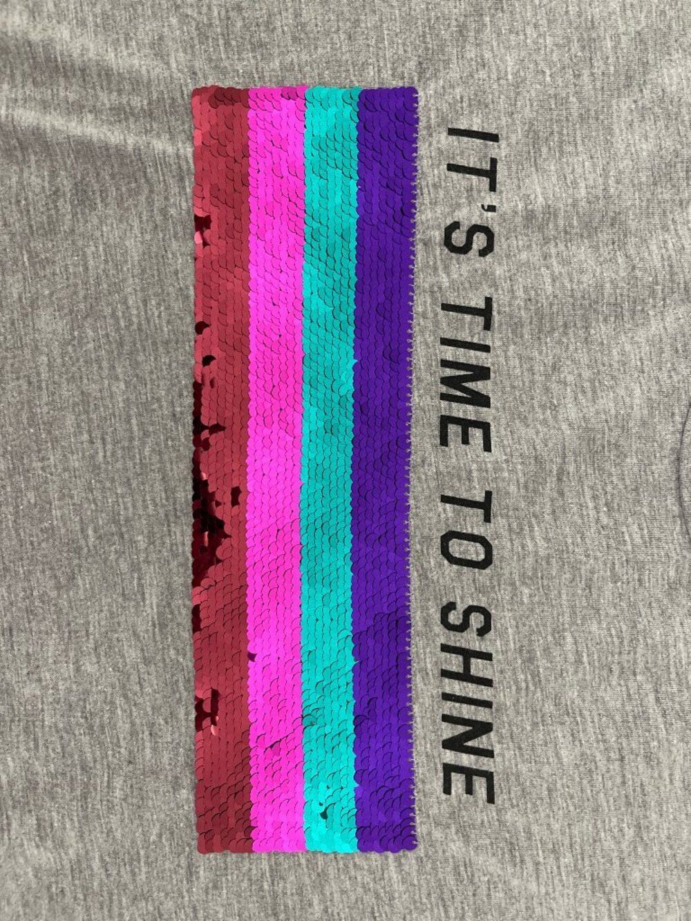 Sequin Embellished Grey T-Shirt with 'It's Time to Shine' Text